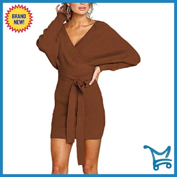 Sexy Batwing Long Sleeve Backless Wrap Knit Sweater Mini Dress - Picture 3 of 8